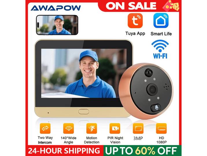 Awapow 3MP Tuya judas porte caméras vidéo interphone sonnette Wifi porte oeil caméras numériques détection PIR sécurité de la maison intelligente