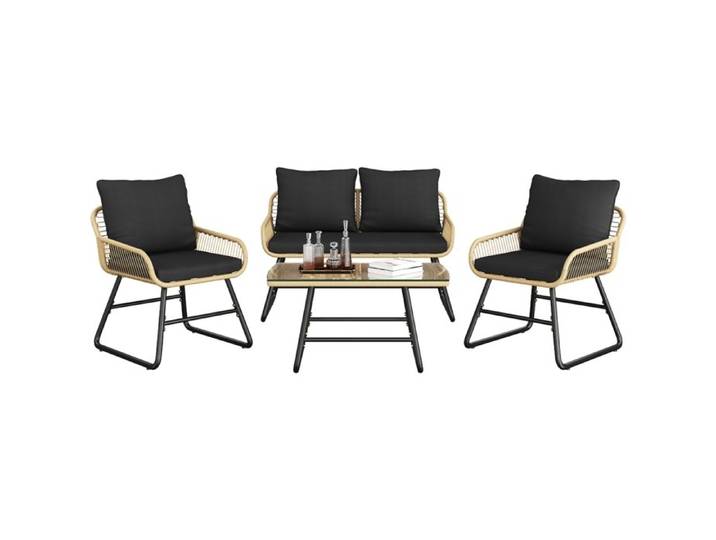 Yaheetech Ensemble Salon de Jardin 4 Pièces Tressé avec Canapé Fauteuils Table Verre Trempé Terrasse Balcon Marron/Noir