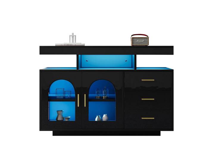REDOM Sideboard Küchenbuffet Schwarz Hochglanz mit (Kommode, 1 St., mit 3 Schubladen, 2 Türen), mit Hochglanzfront, 16-Farben-Lichtern