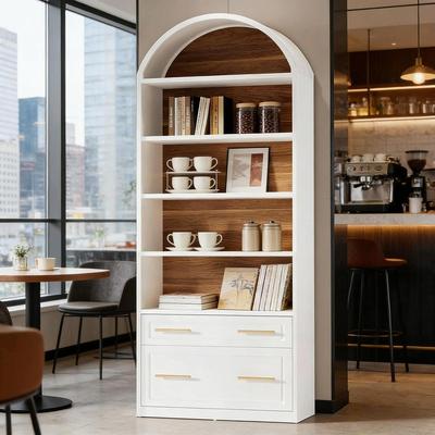 CARMORICO 5-Tier Arched Bookshelf with Drawer & File Cabinet, Wood Storage Bookcase for Living Room or Home Office