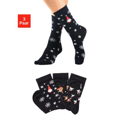 Basicsocken H.I.S "Damensocken Weihnachtssocken bunt gemustert", Damen, Gr. 35-38, Sockengröße, schwarz (3x schwarz), Baumwollmischung, elastisch, Socken, mit weihnachtlichen Motiven