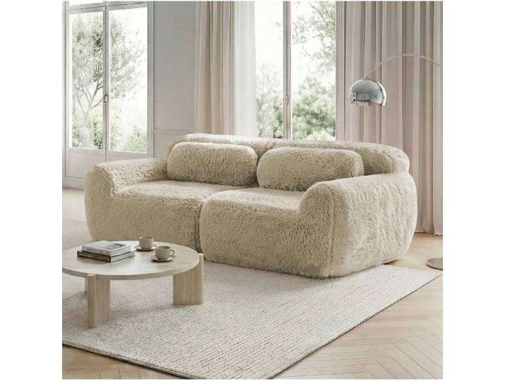 ELVORIN Canapé modulable 2 places tissu peluche coloris kaki clair