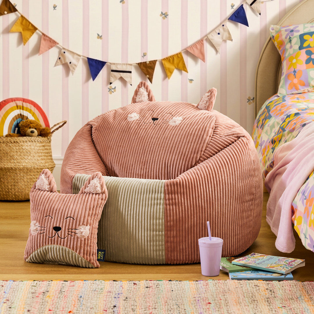 icon Kids Cleo Cat Cord Bean Bag Chair and Cushion, Pink Cat