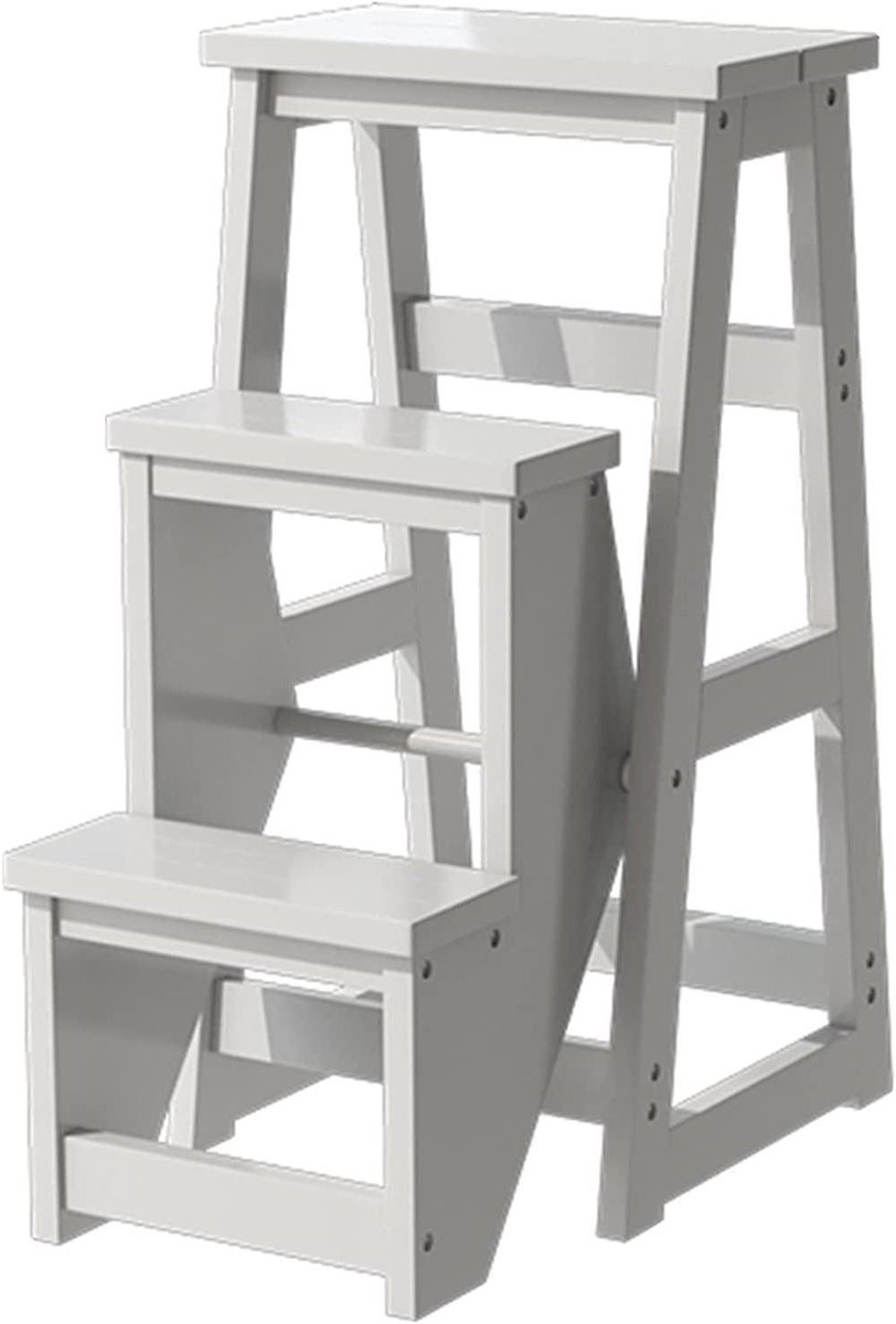 Wit Houten Opstapkruk - Opvouwbare Ladder met Massief Houten Frame - Hoogte: 77 cm