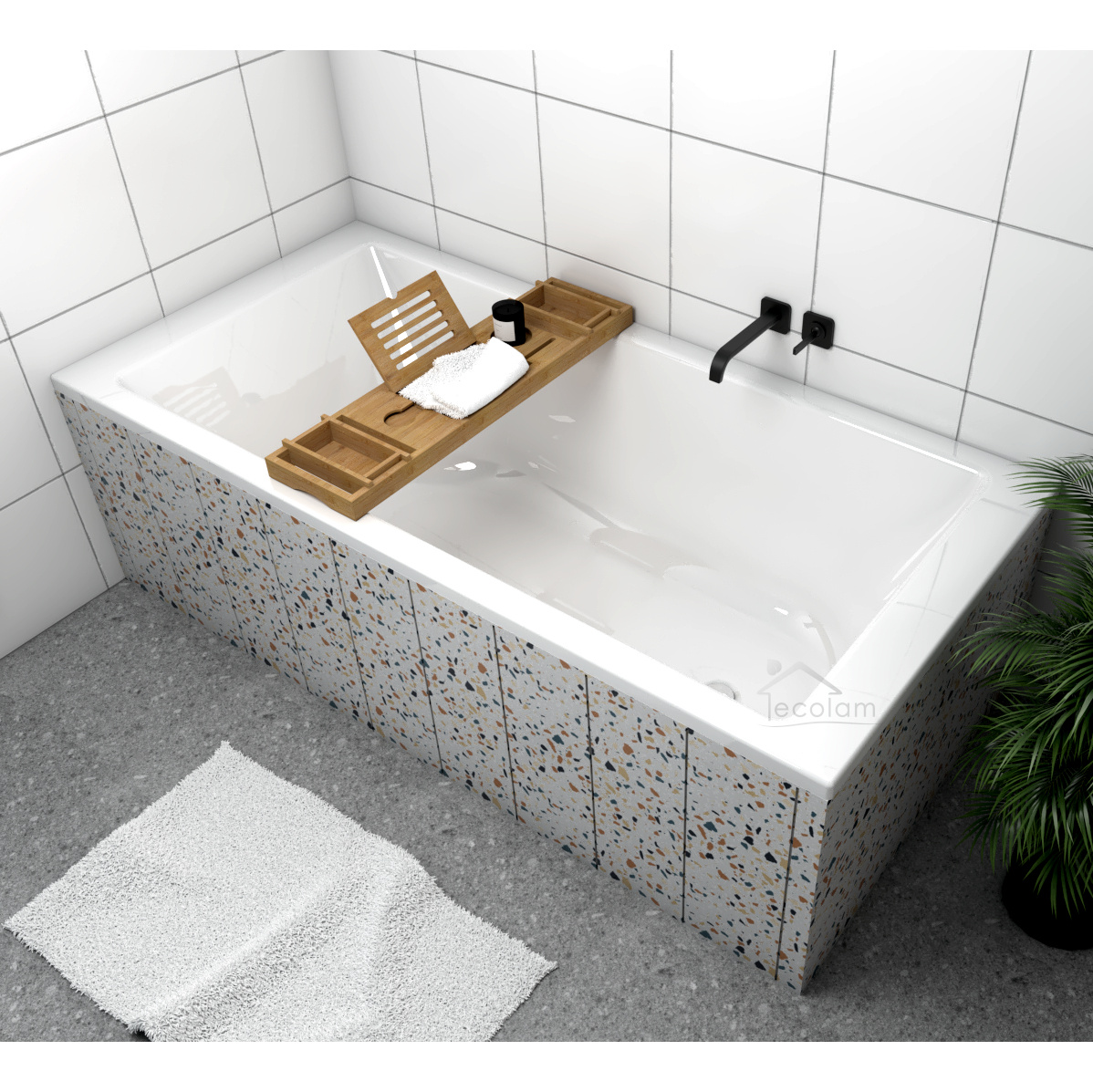 ECOLAM große Badewanne 190x90 cm TAMI + Bambusablage Holz Ablage Acrylwanne Rechteck Acryl weiß + Ablaufgarnitur Automatik Füße Silikon
