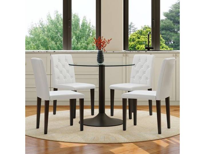 Ensemble Table Verre Transparent 85x85x76cm 4 Chaises PU Blanc Pieds Noirs Dossier Capitonné 42x46x89cm Design Minimaliste Luxueux