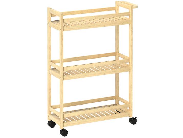 Redom Servierwagen 55/20/75 cm mit 3 Lamellenablagen, Rollen, Bremsen und Griff, Bambus, Naturholz, Hellbraun, Naturmaterialen, 55x75x20 cm, Esszimmer, Servierwagen