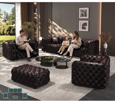 GDFStudio - Faux Leather 5-Seat Modular Sofa Set, Hand Tufted with Ottoman & 5 Pillows