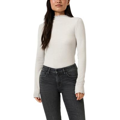 Langarmshirt QS, Damen, Gr. L, sanftes weiß, Rippware, Obermaterial: 50% Viskose, 28% Polyester, 22% Polyamid, unifarben, körpernah hüftbedeckend, Rundhals, gewellter Abschluss, Shirts Langarmshirt, Rippshirt mit Kräusel-Kanten / Viskosemix