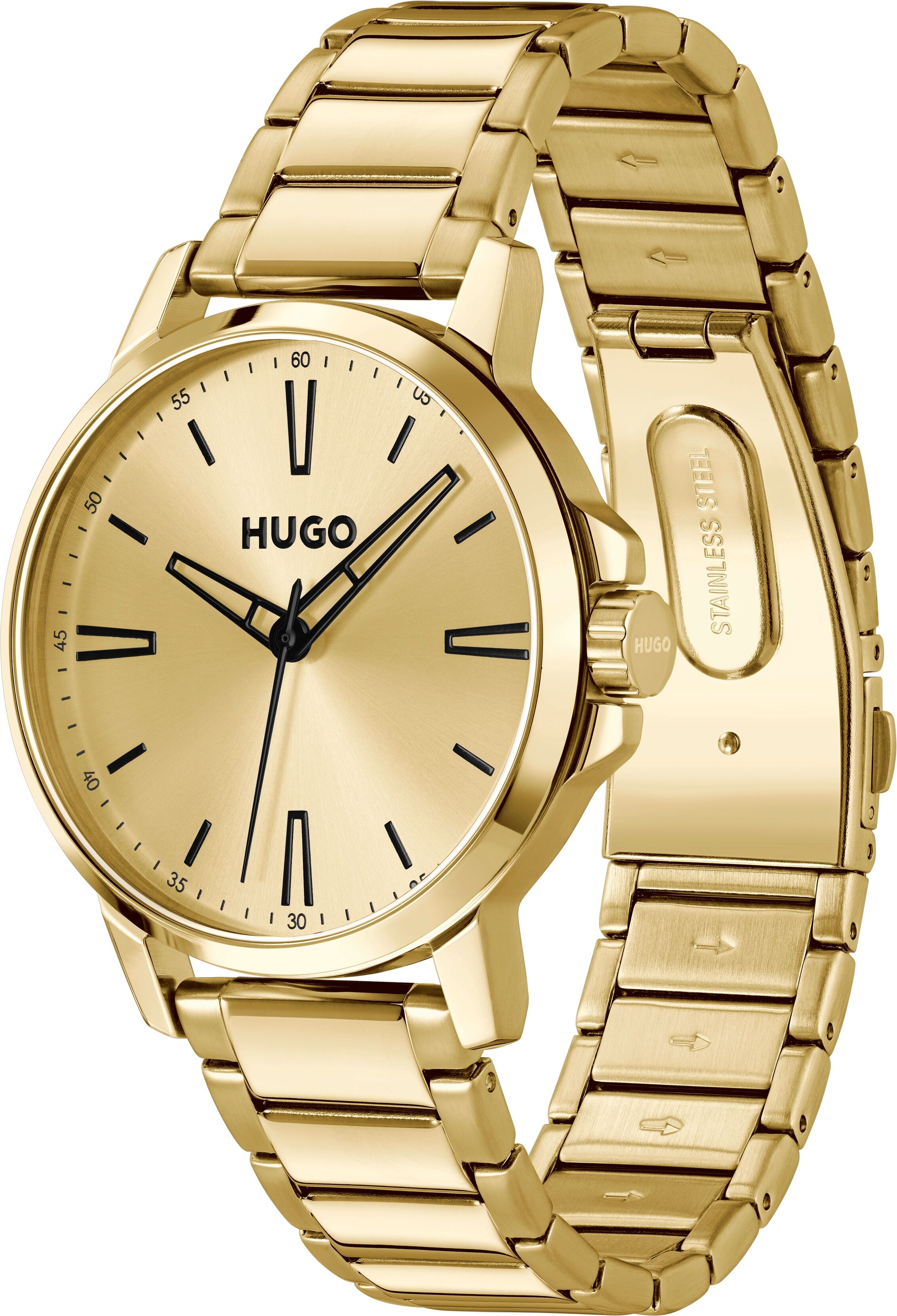 Quarzuhr HUGO "SMOOTH", gold (goldfarben, gelbgoldfarben, gelbgoldfarben), Armbanduhren, Herren, goldfarben, Quarzuhr, Armbanduhr, Herrenuhr, Edelstahlarmband, analog