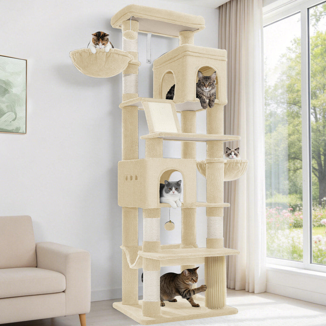 Rebrilliant Large Cat Tree Tower, Cat Tree for Indoor Cats, Climbing Tower for Large Cats, 5 Scratching Post, 2 Large Platform, 2 Caves, 2 Baskets, Stairs, Hammoc Beige 60 × 50 ×213 cm