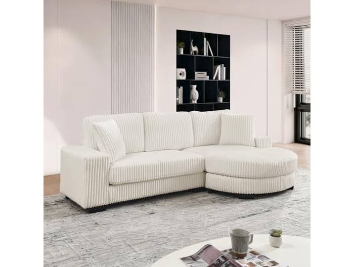 Ropilly beiges Cord Ecksofa für Vier Personen mit ovalem Hocker Modulares L-Sofa mit hochdichter Polsterung, der ovale Hocker ist flexibel links oder rechts stellbar