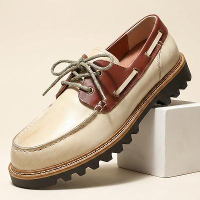 LightInthebox Men's Genuine Leather Boat Shoes, Cream and Burgundy Two-Tone Lace-Up Moc Toe Shoes with Rugged Lug Sole for Stylish Men, Yachting, Travel and Smart Casual Wear