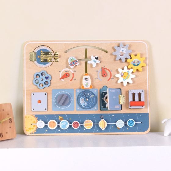 Tooky Toys Tooky Toy Wooden Busy Board - Space for Kids - Develops Fine Motor Control and Hand-Eye Coordination - Compact