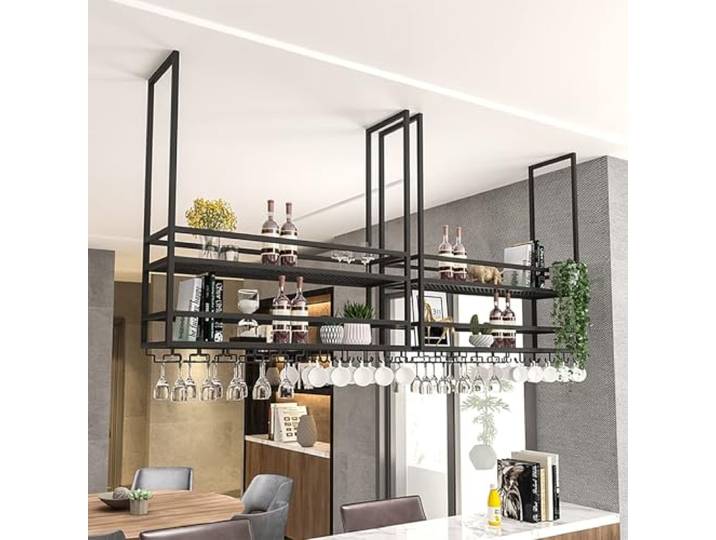 Hängendes Glasregal – Hängeregal, Schmiedeeisernes Decken-Weinregal, Decken-Küchenregal, An Der Wand Montiertes Weinglas-Regal, Schwimmendes Regal Loft/Bar/Restaurant(C,120x30x100cm/47x11x39in)
