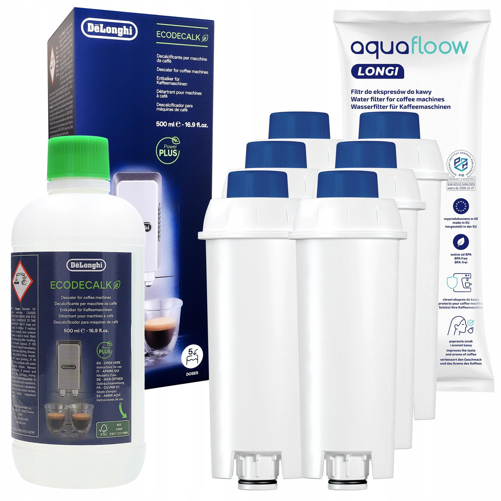 Aquaflow set van 6 waterfilters compatibel met DeLonghi inclusief 500 ml ecoDecalk ontkalker