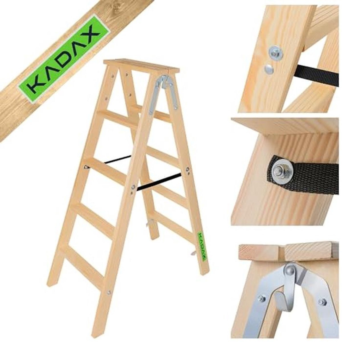 Opvouwbare houten 5-traps huishoudladder met stalen haken voor schilderwerk en renovaties