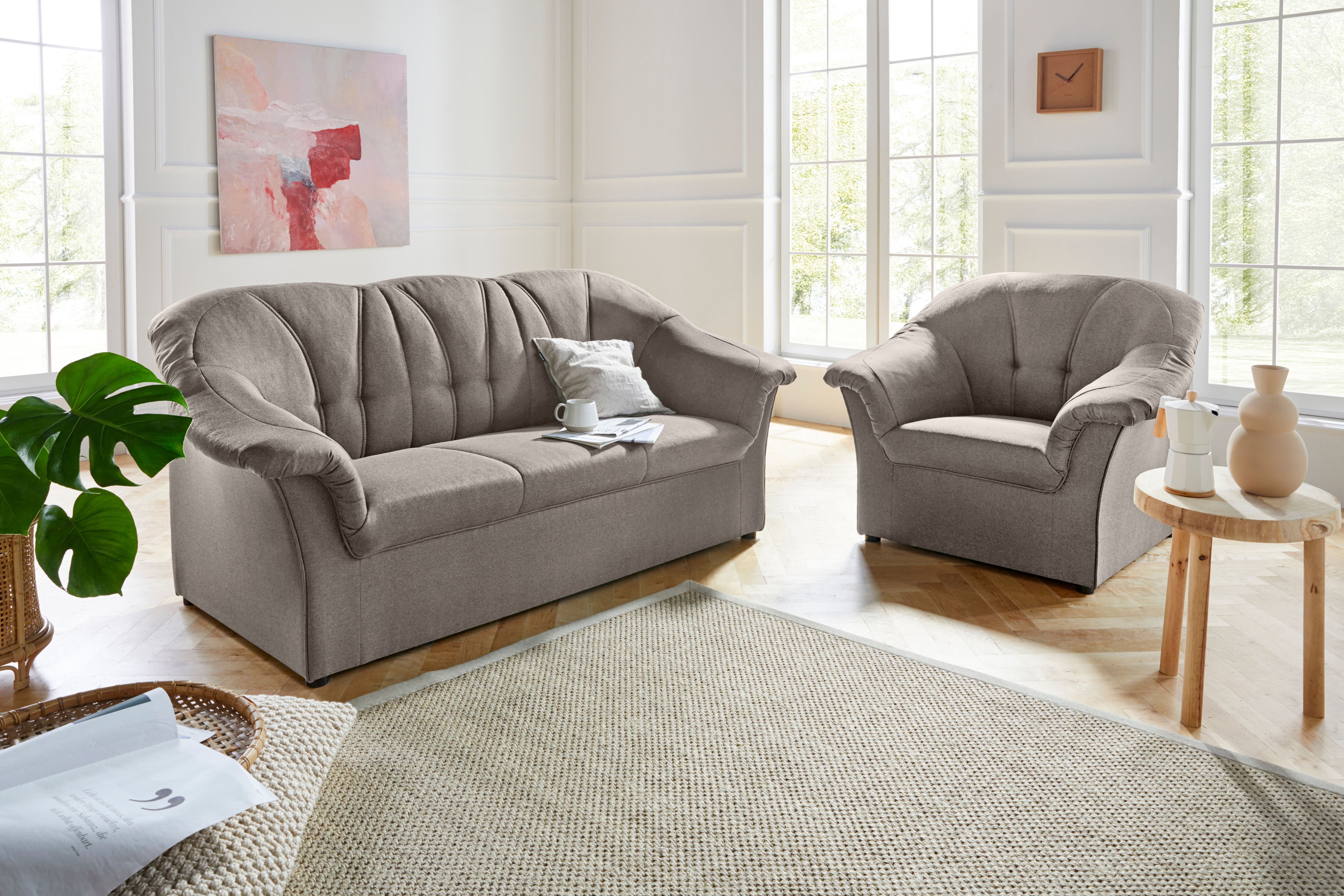 Polstergarnitur DOMO COLLECTION "Pegnitz zeitlos und elegant", grau (stone), Struktur fein, 100% Polyester, Sitzmöbel-Sets, Polstergarnitur, Sessel und 3-Sitzer stone Struktur fein