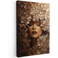LEINWANDBILD Gesicht - Dame - Blätter - Pinselstriche Deko Groß 90x140 cm