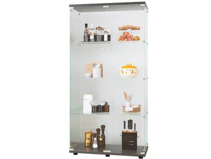 FUROKOY Glasvitrine Standvitrine, Modern Glas Vitrinenschrank (4 Lagen Glasvitrine mit 2 Glastür, Sammlervitrine, für Sammlerstücke Bücher Wein, ohne Licht, schwarz)