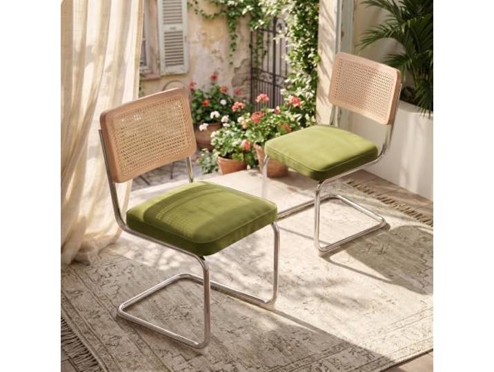 Esszimmerstühle 2er Set, Freischwinger mit Rattan-Rückenlehne, Grün Moderner Freischwinger mit bequemer Velours-Sitzfläche, verchromter Stahlrahmen, Mid-Century Stil für Küche und Esszimmer