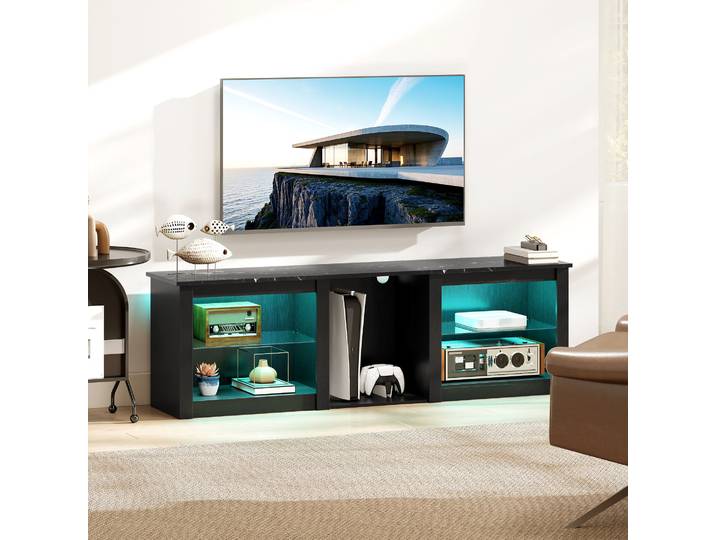 HOMCOM Meuble TV LED 160cm Verre Réglable Noir 65 Pouces