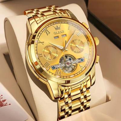 Inspired Finds OLEVS Automatic Mechanical Men's Watch Waterproof Stainless Steel Skeleton Business Wristwatch all Gold