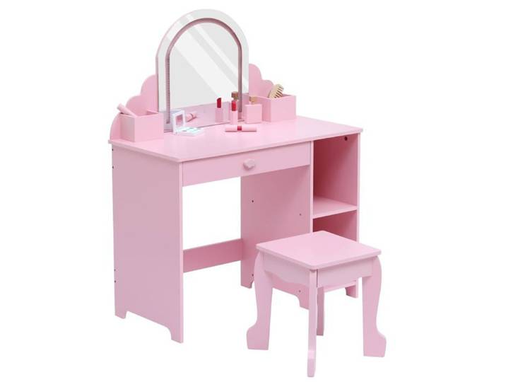 Coiffeuse - Miroir LED à Luminosité Réglable - Tiroirs & étagères ouvertes - Coiffeuse enfant en Bois - pour chambre - Rose