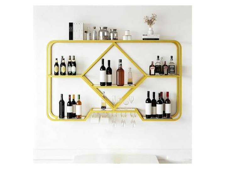 Failjierue 39-Zoll-Weinregale zur Wandmontage mit Glashalter Eisen-Ausstellungsständer, Weinhalter, Kelchregal mit transparenter Glastrennwand für Wohnzimmer, Bar(Gold)