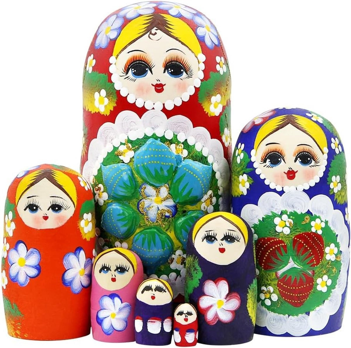Set van 7 Russische Matroesjka Poppen met Rode Bloemen en Bessen - Houten Nesting Dolls voor Decoratie en Cadeaus
