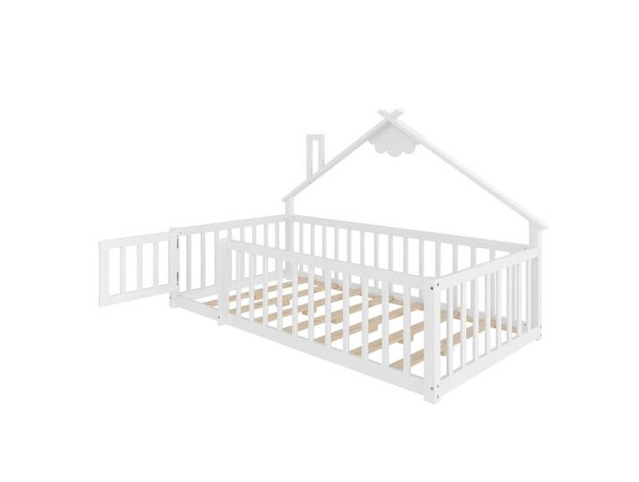 Flieks Flachbett 90x190cm Weiß Kiefer Kinderbett Hausleiste Geländer, Holz, 90x190 cm, Schlafzimmer, Betten