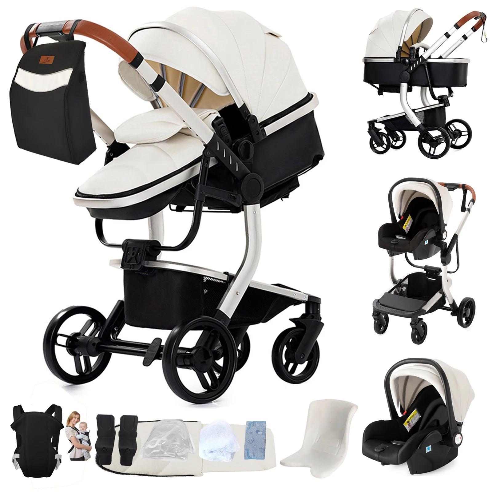 3-in-1 Kinderwagen mit Autositz, wasserdicht, aus Leder, zusammenklappbar, Reisesystem