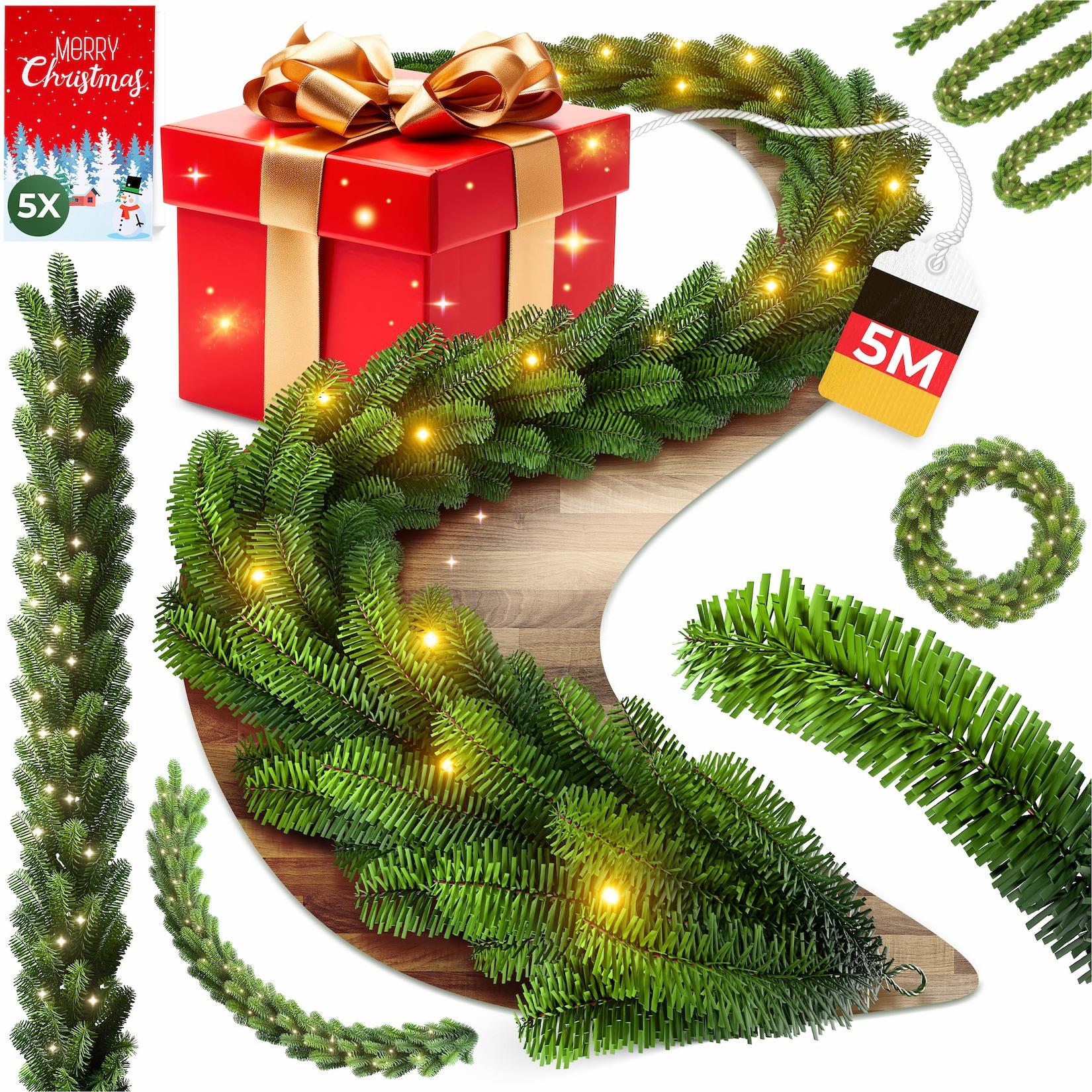 KESSER® Weihnachtsgirlande mit LED – 5 m oder 10 m, 100–200 LEDs, IP44, naturgrün, mit Schnee-Effekt je nach Modell, für Outdoor & Indoor, mit Fernbedienung & Weihnachtsdeko je nach Variante