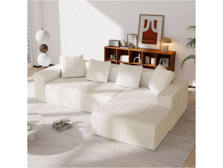 Canapé d'angle modulable compressé en corduroy blanc 3 places grand format livré monté