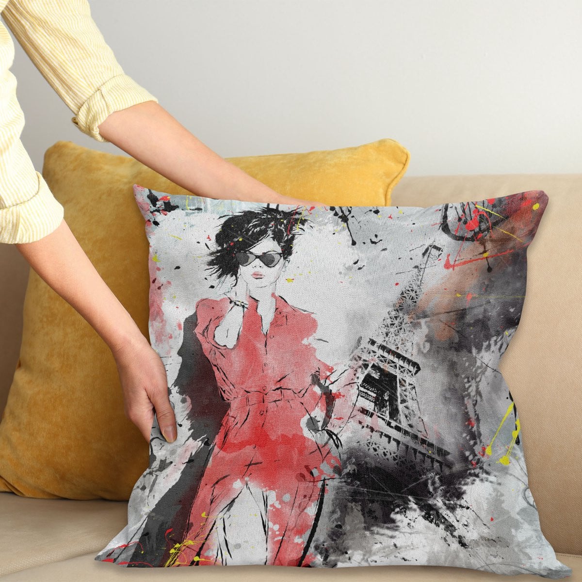 ABAKUHAUS Paris Sierkussenhoes - Modern Parisienne French Mode Lady - Koraal Grijs - 50 x 50 cm