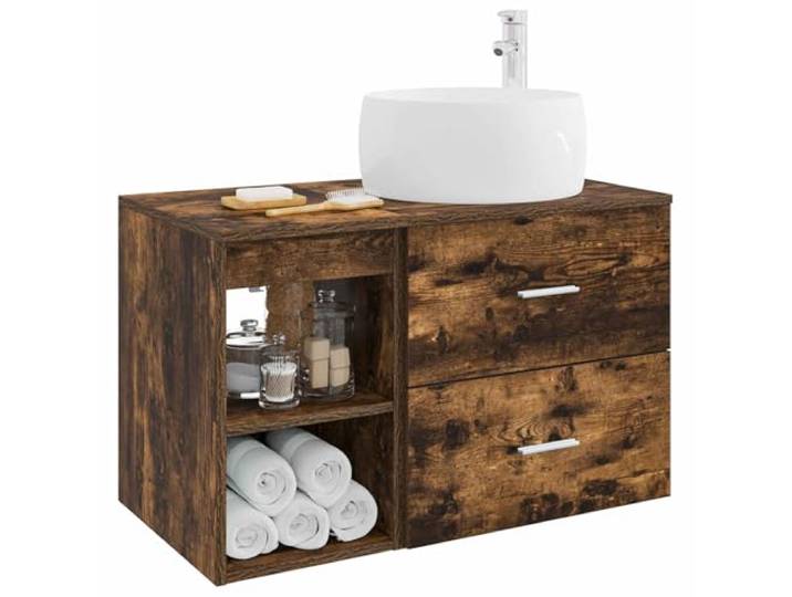 KTHLBRH Badezimmermöbel-Set 2-teilig Eiche Smoke Technisches Holz, Wandmontage, Schrank mit Regalen, Schubladen, Bohrern im Lieferumfang enthalten