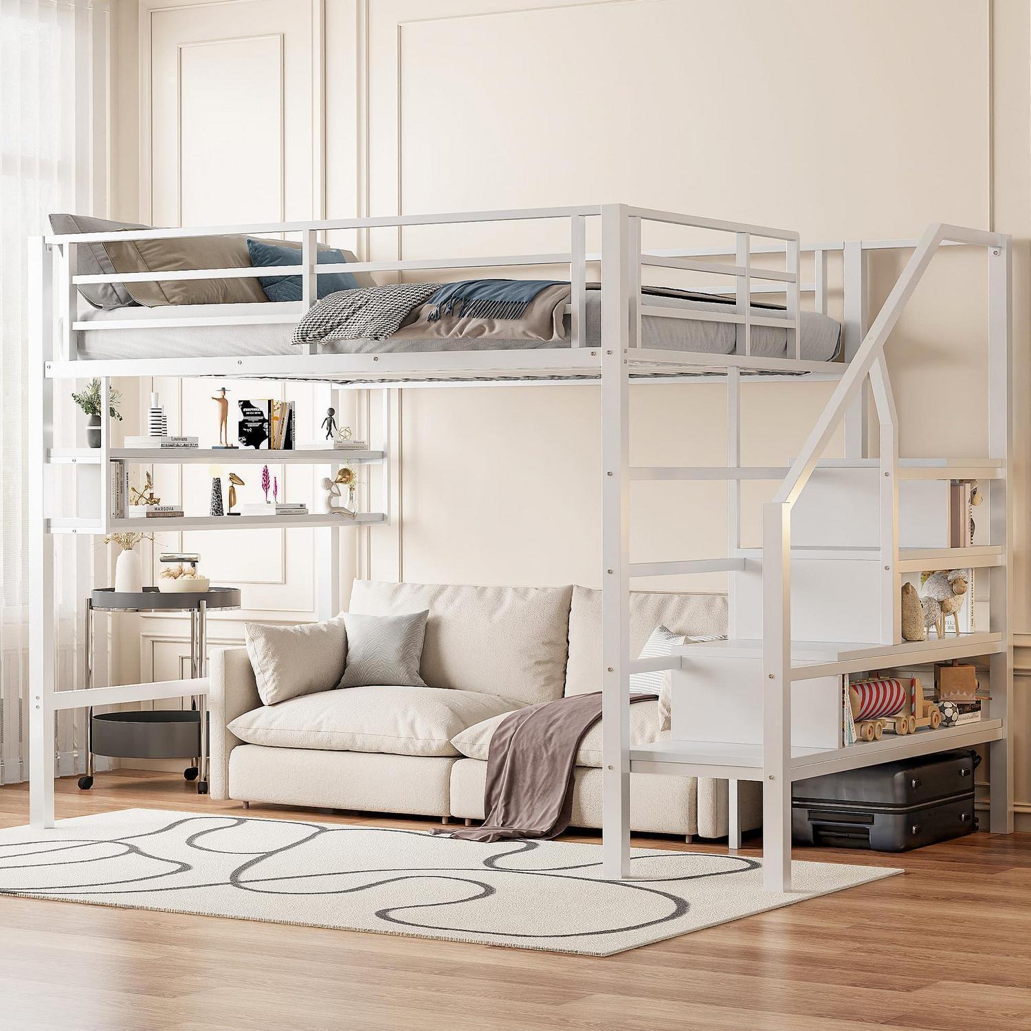 Hochbett 140x200 Metall Eisen mit Rausfallschutz Lattenrost Sicherheitsleiter Ablagefläche Jugendbett Weiß
