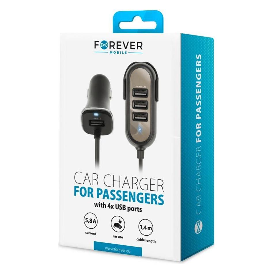Forever PC-01 car charger (4 x USB | 5,8 A) for passengers (FPC-01BLK)
