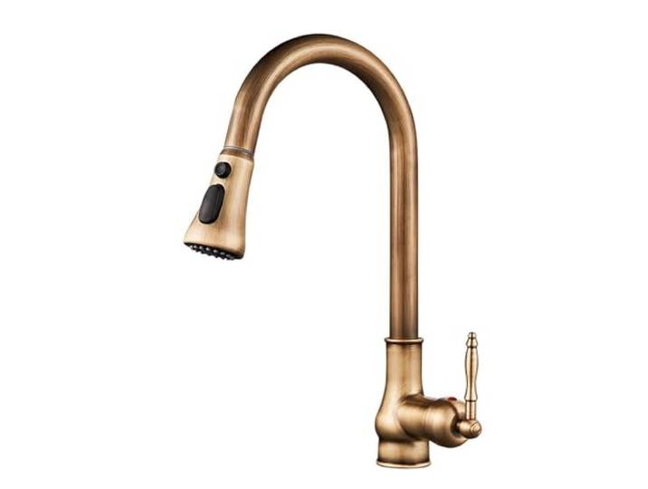Wasserhahn Küche Ausziehbar Antik Küchenarmatur Einhebelmischer Dual-Modus Drehbar Messing Mischbatterie Küche Retro-Antik