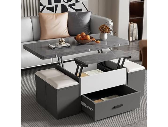 Klappbarer Couchtisch Höhenverstellbar mit Sintersteinplatte und Hocker Multifunktionales Design, Verstellbare Höhe, Mobile Nutzung, Platzsparend, Wohnzimmer, Apartment, Kleine Räume, Home Office