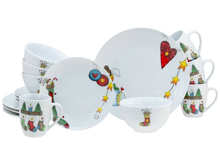 Kombiservice CREATABLE Luna Socken, Kombi-Service 16-tlg , weiß, 16 Stk., Porzellan, Geschirr-Sets, Kombiservice, Winterlicher Dekor mit lustigen Sockenmotiven
