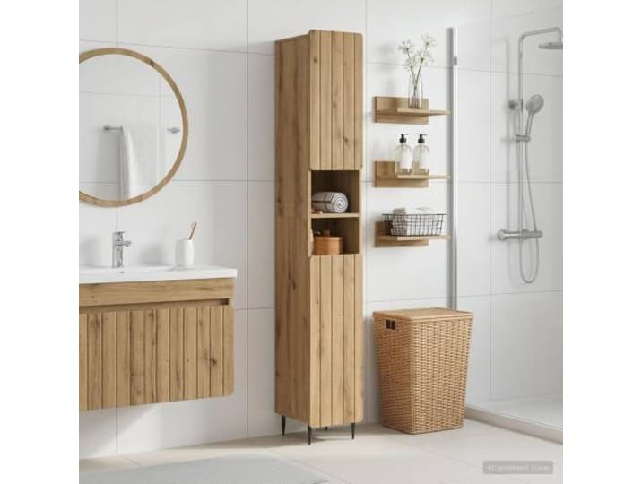 Badezimmerschrank mit offenem Regal ZWOLLE Artisan-Eiche, Holzwerkstoff Schlankes Profil, mehrere Regale, 90°-Pendeltür, feuchtigkeitsbeständig, einfache Reinigung