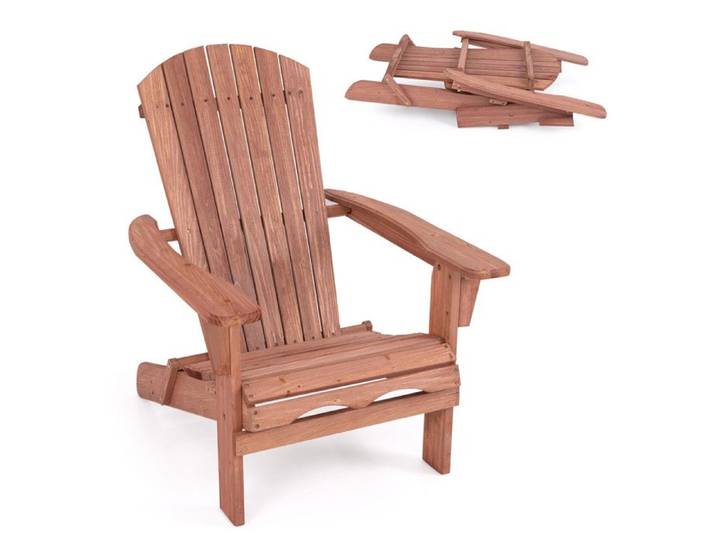 Chaise Adirondack pliante en bois de sapin dossier haut et accoudoirs larges siège à lattes pour jardin marron
