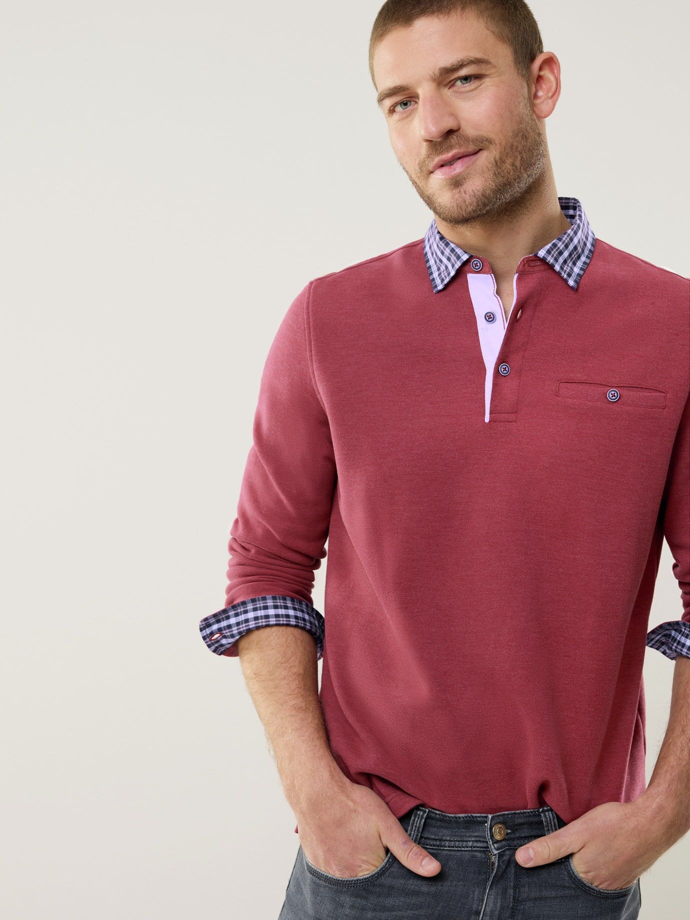 Walbusch Hemdpullover 2.0, noch offen: Größenlauf, Farbe Rot, 48, extra weich verstellbare Hemden-Manschette Herren