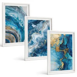 BILDER SET 3er Set - 40x60 cm Weißer Rahmen - Blaue abstrakte Muster