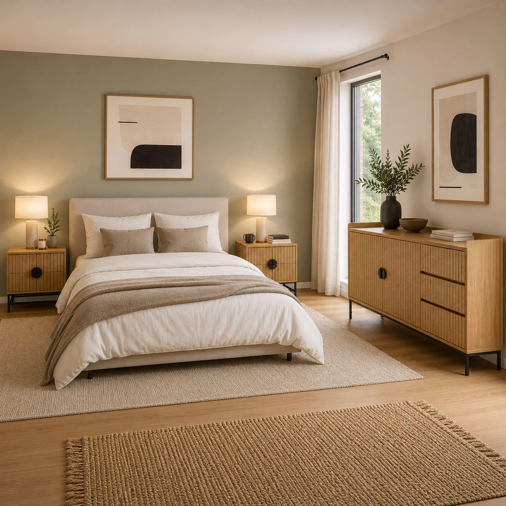 Schlafzimmer-Set MCW-O39, 2x Nachttisch 1x Sideboard, Schubladen Melamin MDF Metall ~ natur