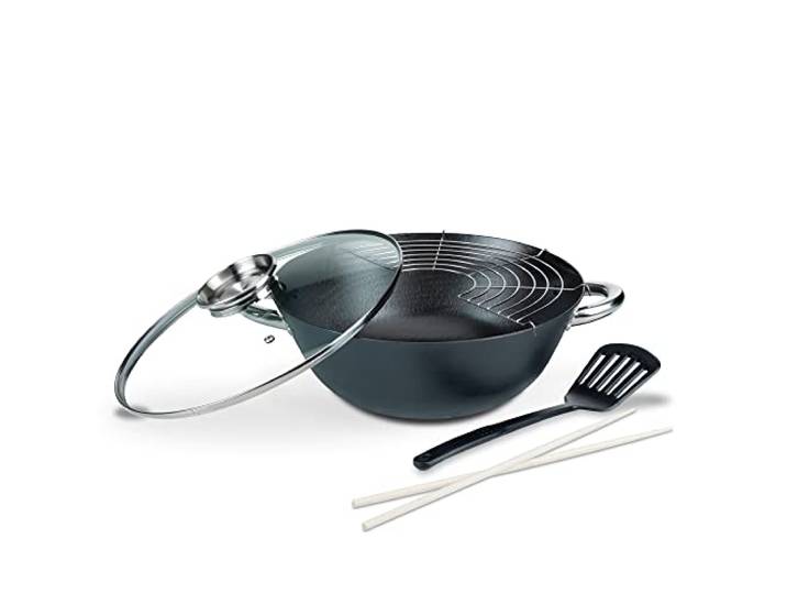 GSW Multifunktionstopf / Wok-Set – hochwertiger Wok mit Deckel, tiefe Pfanne zum Braten, Frittieren und Dünsten, inkl. Pfannenwender – Gusseisen, 32 cm, 5-teilig, Schwarz