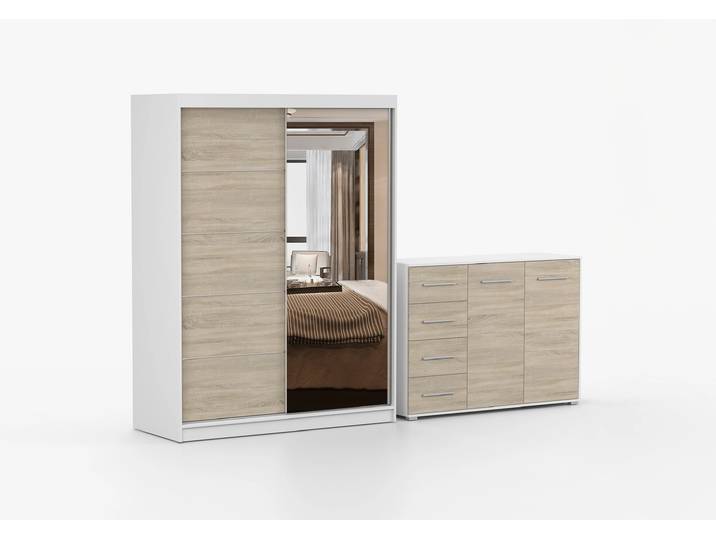 Schwebetürenschrank und Kommode 2-er Set VISTA 05/FRIDA 01 Weiß Sonoma Eiche + Spiegel Ohne LED-Beleuchtung