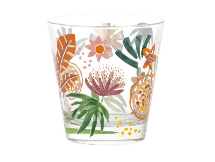 Trinkbecher aus Glas mit buntem Pflanzenmotiv