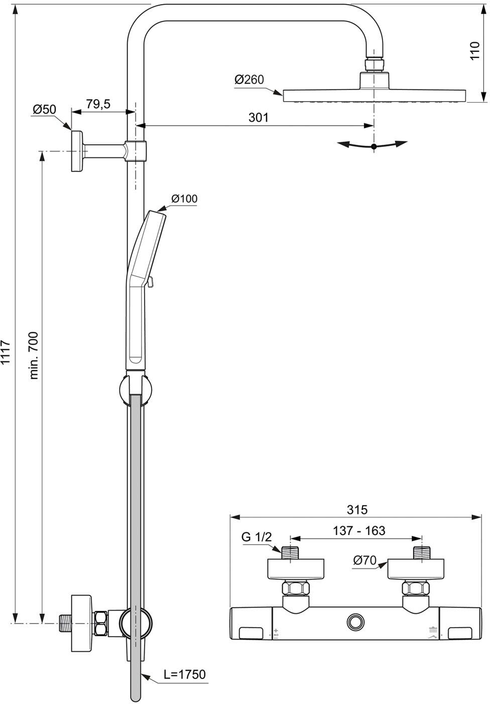 Ideal Standard T25 Duschsystem, mit Aufputz-Brausethermostat